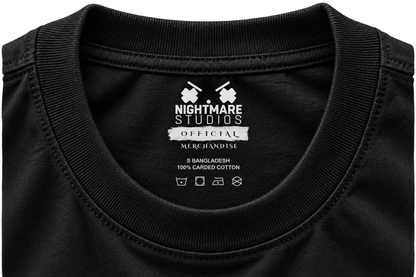 Official Nightmare Studios label printed inside the neck of a black tee
